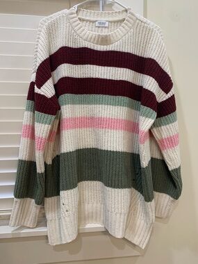 True Craft Cream Sweater with Burgundy, Olive & Pink Stripes